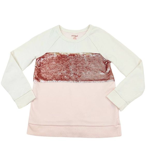 Cat & Jack Girls Sweater Pullover Large (10-12) Pink Fleece Long Sleeve Sequin - Picture 1 of 7